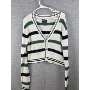 Abercrombie & Fitch S Green Navy Stripe Cropped Sweater Cardigan Y2K Preppy Cute